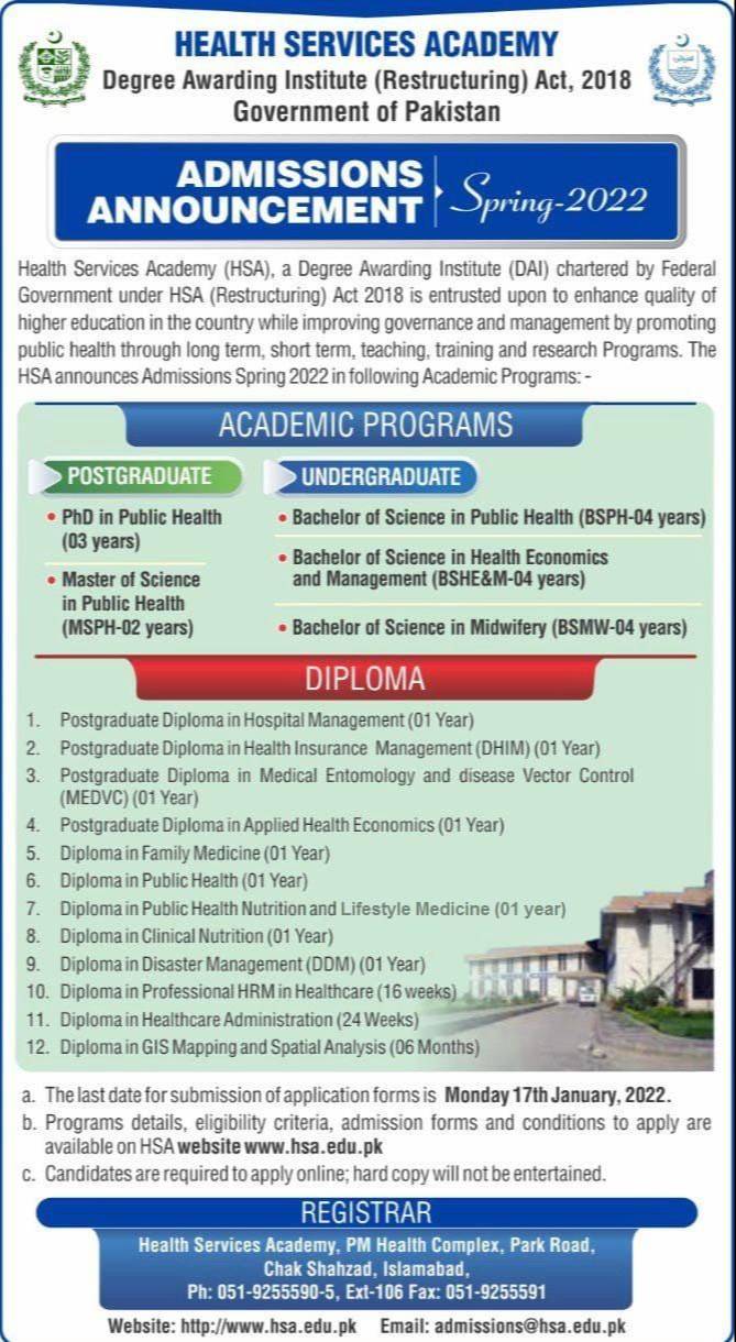Health Services Academy announces admission for PhD, Masters and diploma programs 